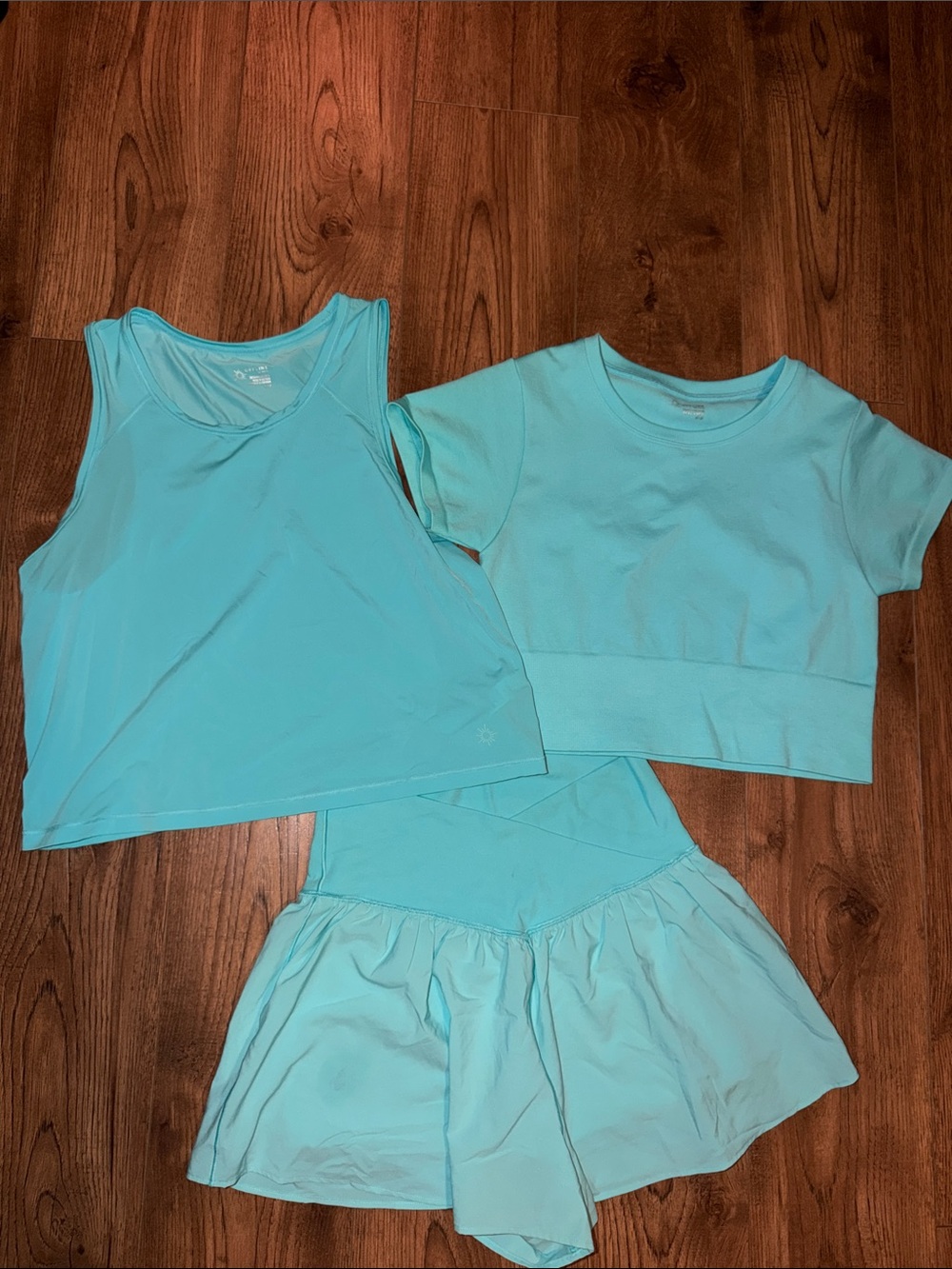 Aerie Aqua Blue Three-Piece Active Set - Tank, Crop Tee & Shorts